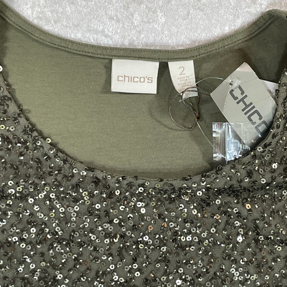 Chico's Tank Top Women Size 2 Olive Green NWT Sequin Front Sleeveless Scoop Neck